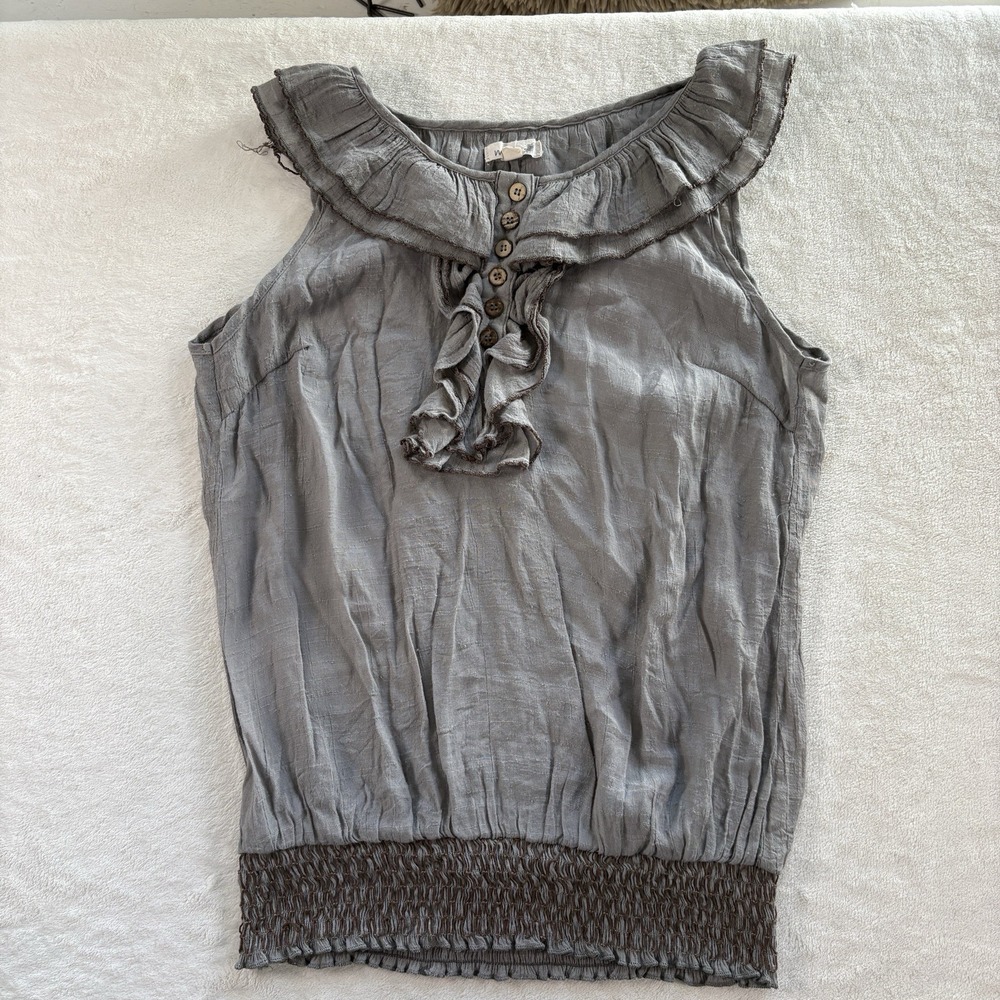 MINE Ruffle‎ Cotton Rayon Blouse Grey Whimsigoth Fairy Grunge Smocked Hem Top M